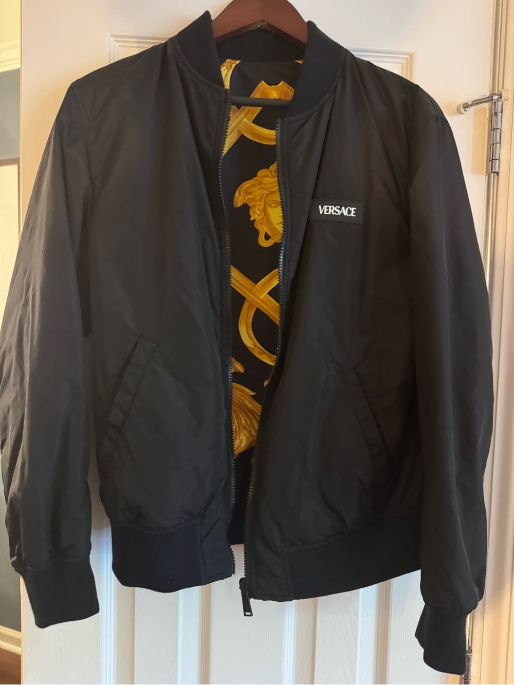 Versace Black Bomber Jacket with Gold Lined Interior